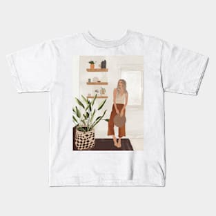 Woman plant lover boho illustration Kids T-Shirt